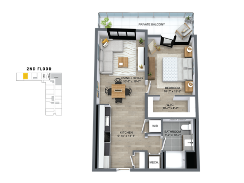 Floor plan for 1 bed, 1 bath, 709 sqft